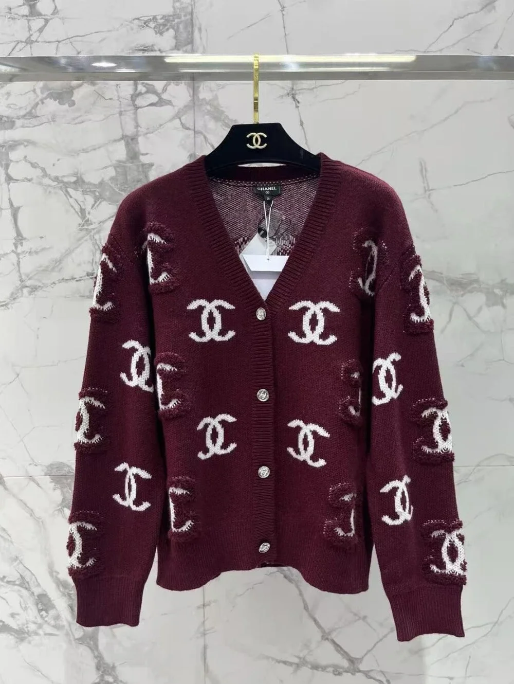 Chanel Burgundy V-Neck CC Logo Button Cardigan Sweater